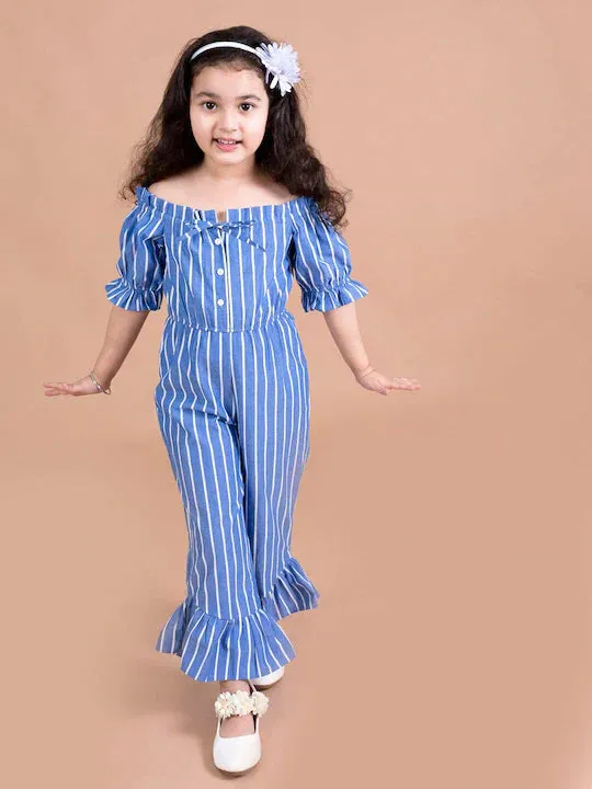 Girls Blue White Off-Shoulder Striped Basic Jumpsuit - Ps Peaches