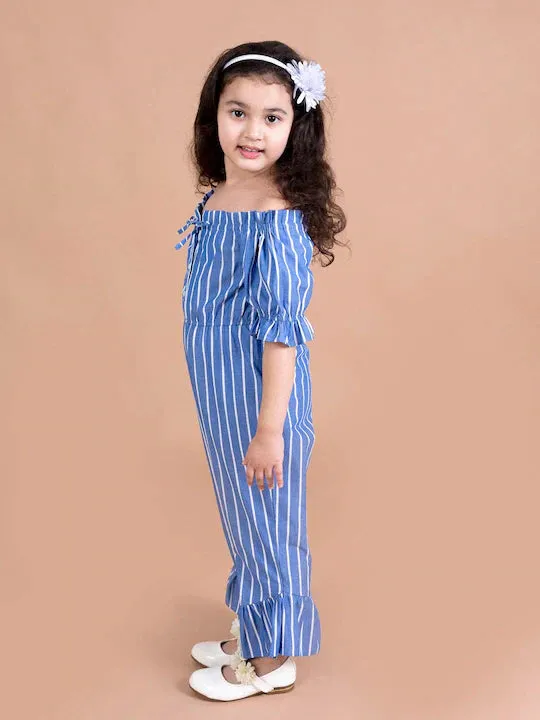 Girls Blue White Off-Shoulder Striped Basic Jumpsuit - Ps Peaches