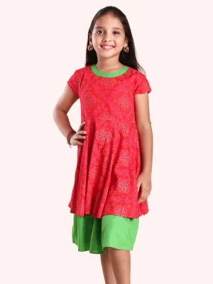 Girls Cotton Cap Sleeves Printed Layered Ghera Dress