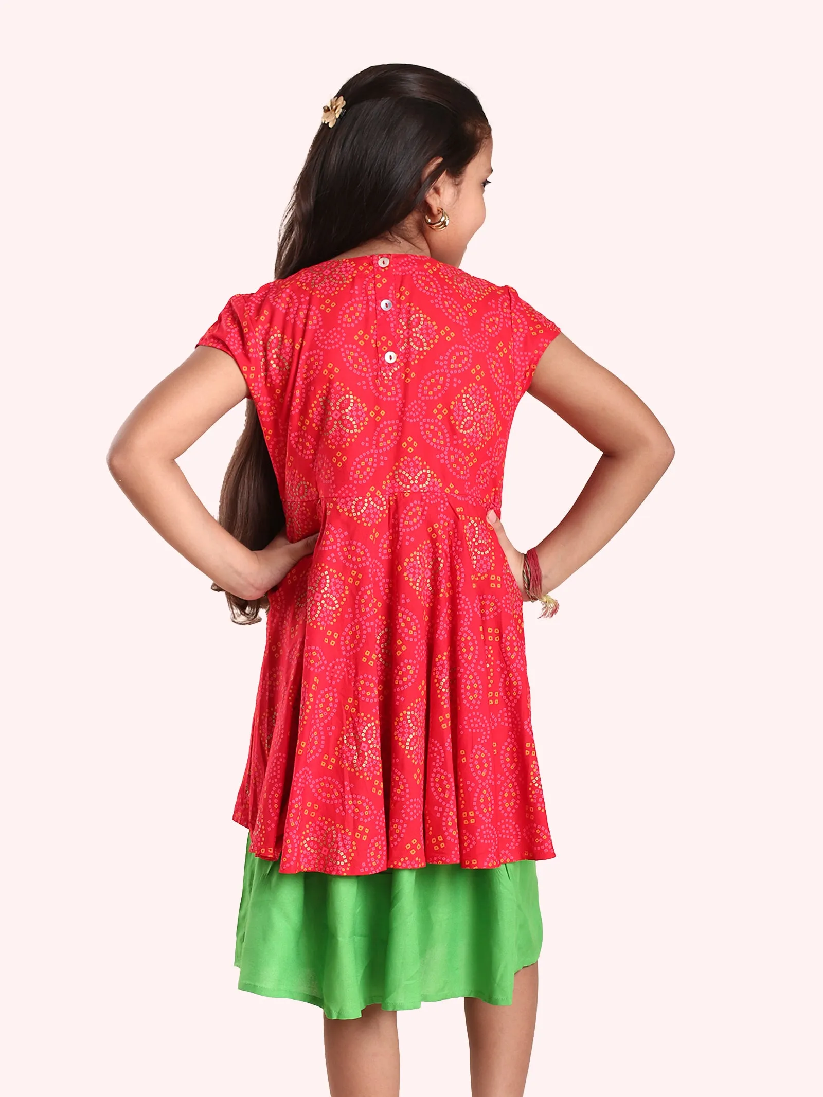 Girls Cotton Cap Sleeves Printed Layered Ghera Dress