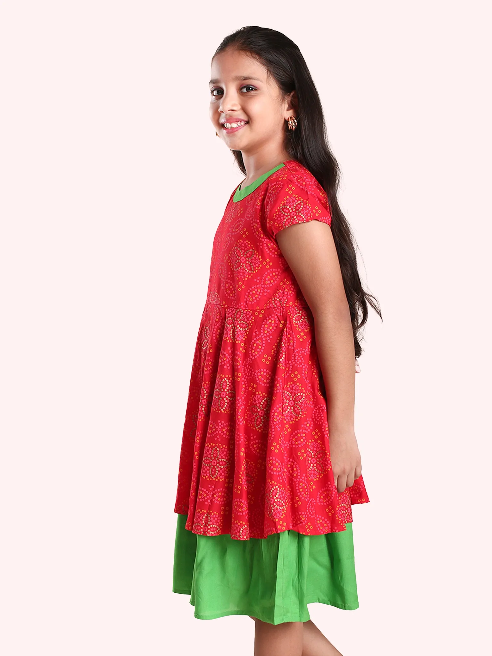 Girls Cotton Cap Sleeves Printed Layered Ghera Dress