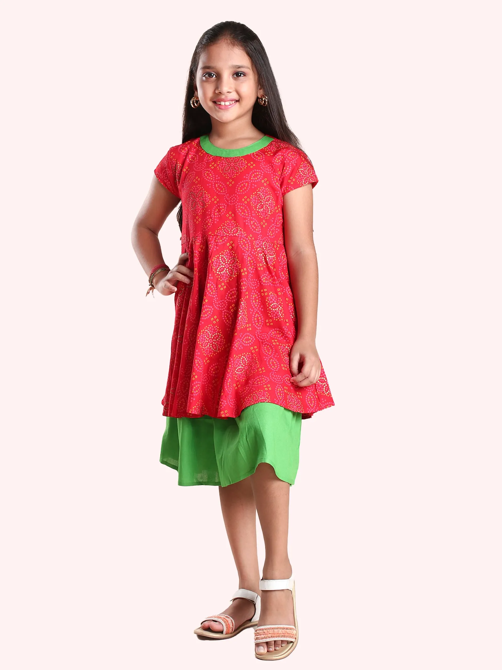 Girls Cotton Cap Sleeves Printed Layered Ghera Dress