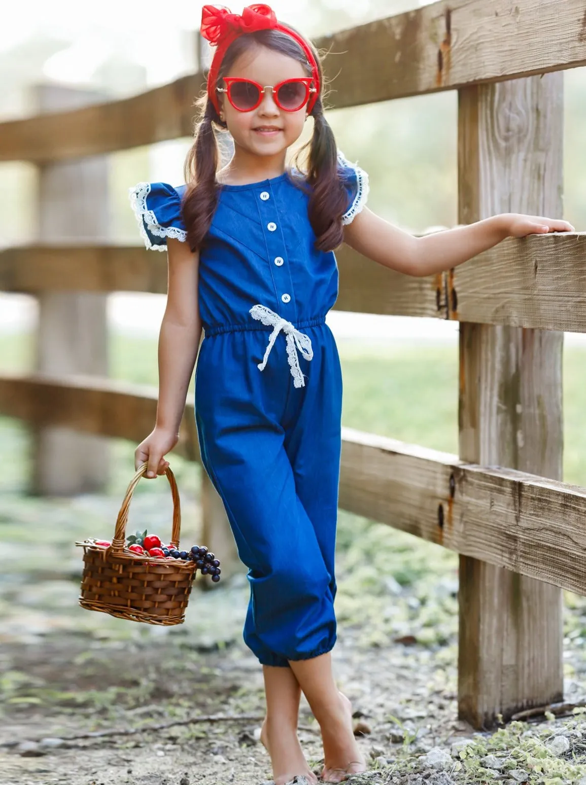 Girls Denim Lace Flutter Sleeve Button Jumpsuit