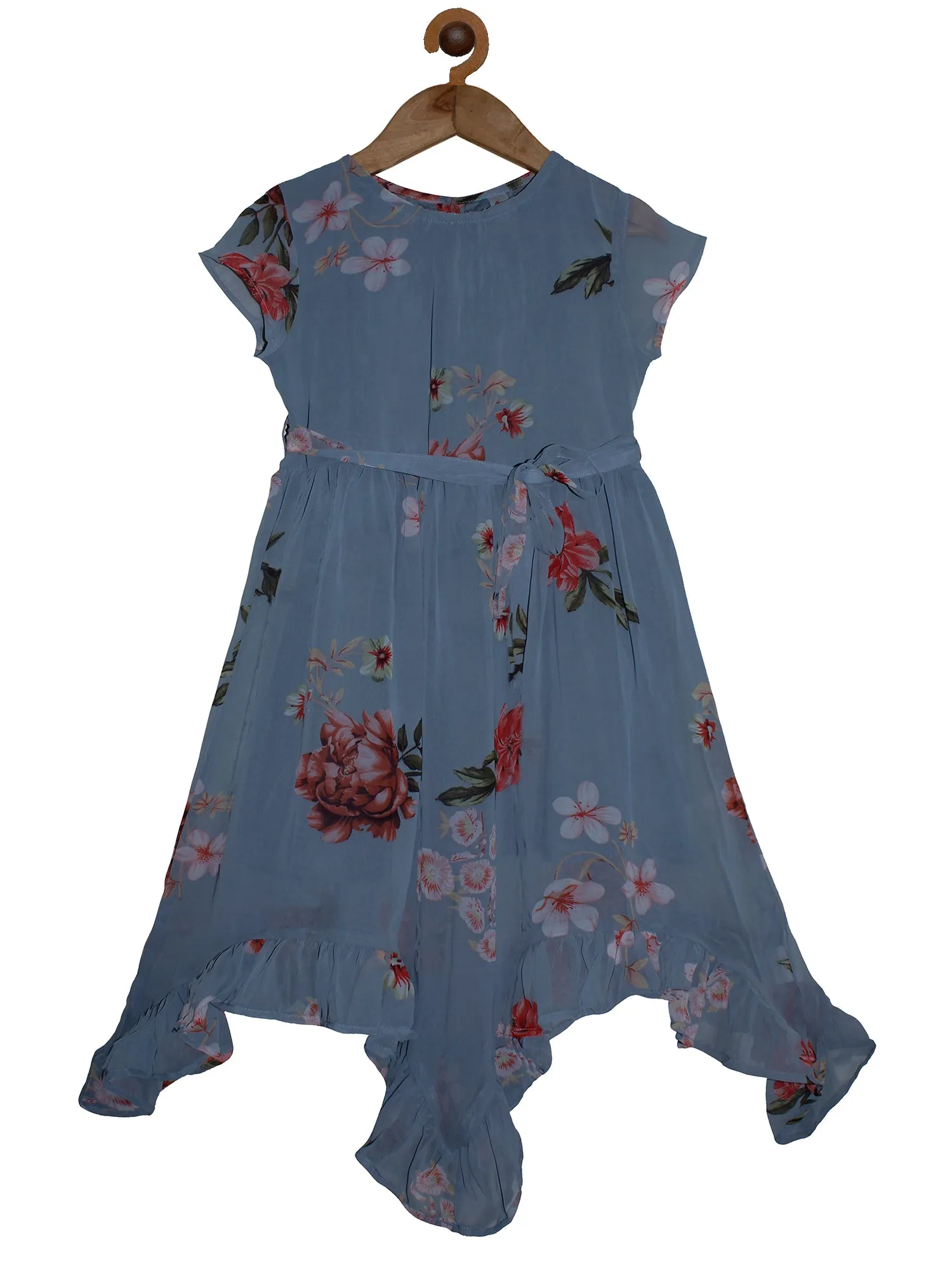 Girls Printed Georgette Dress with Frill Hem