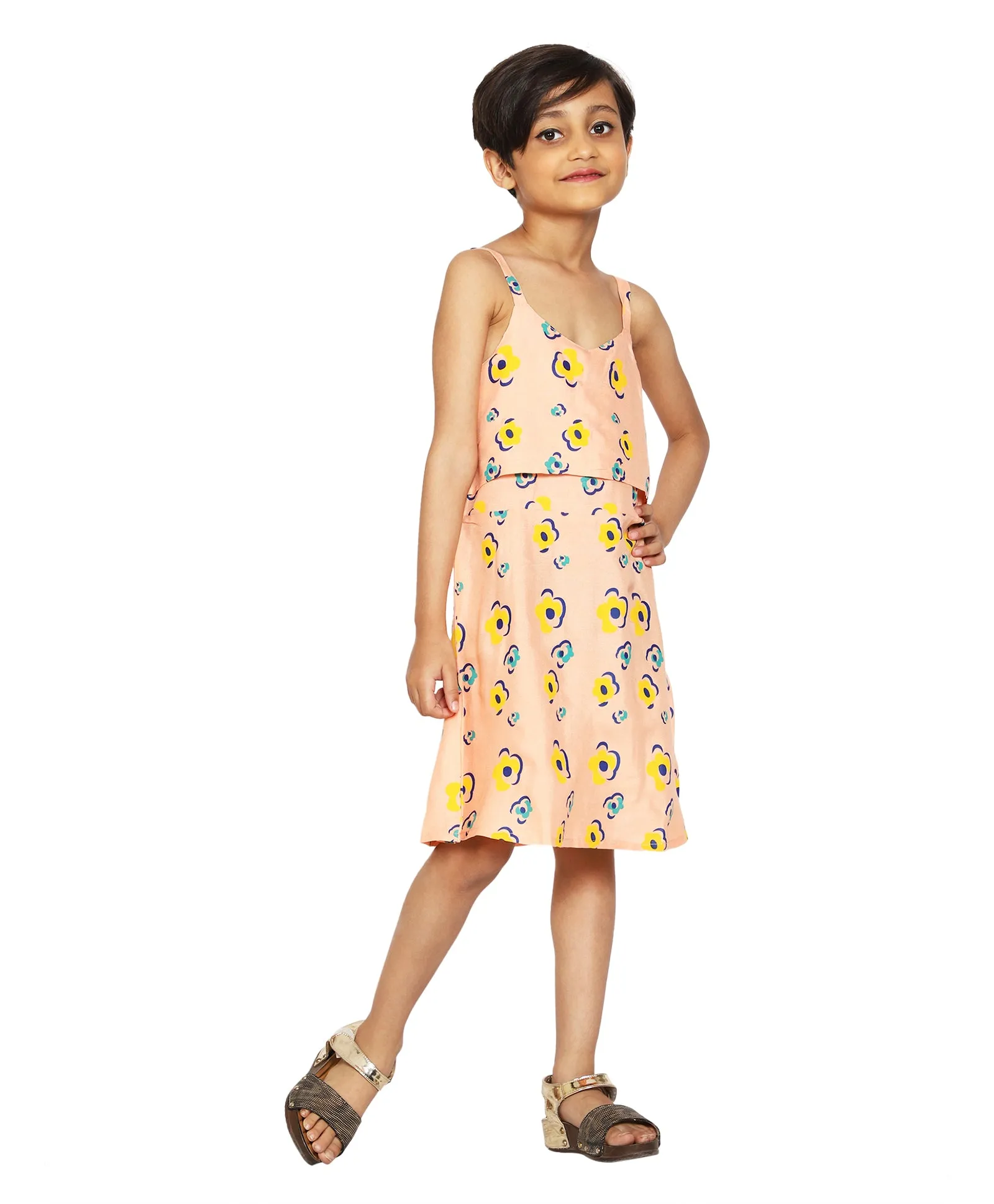 Girls Printed Strap Layered Dress