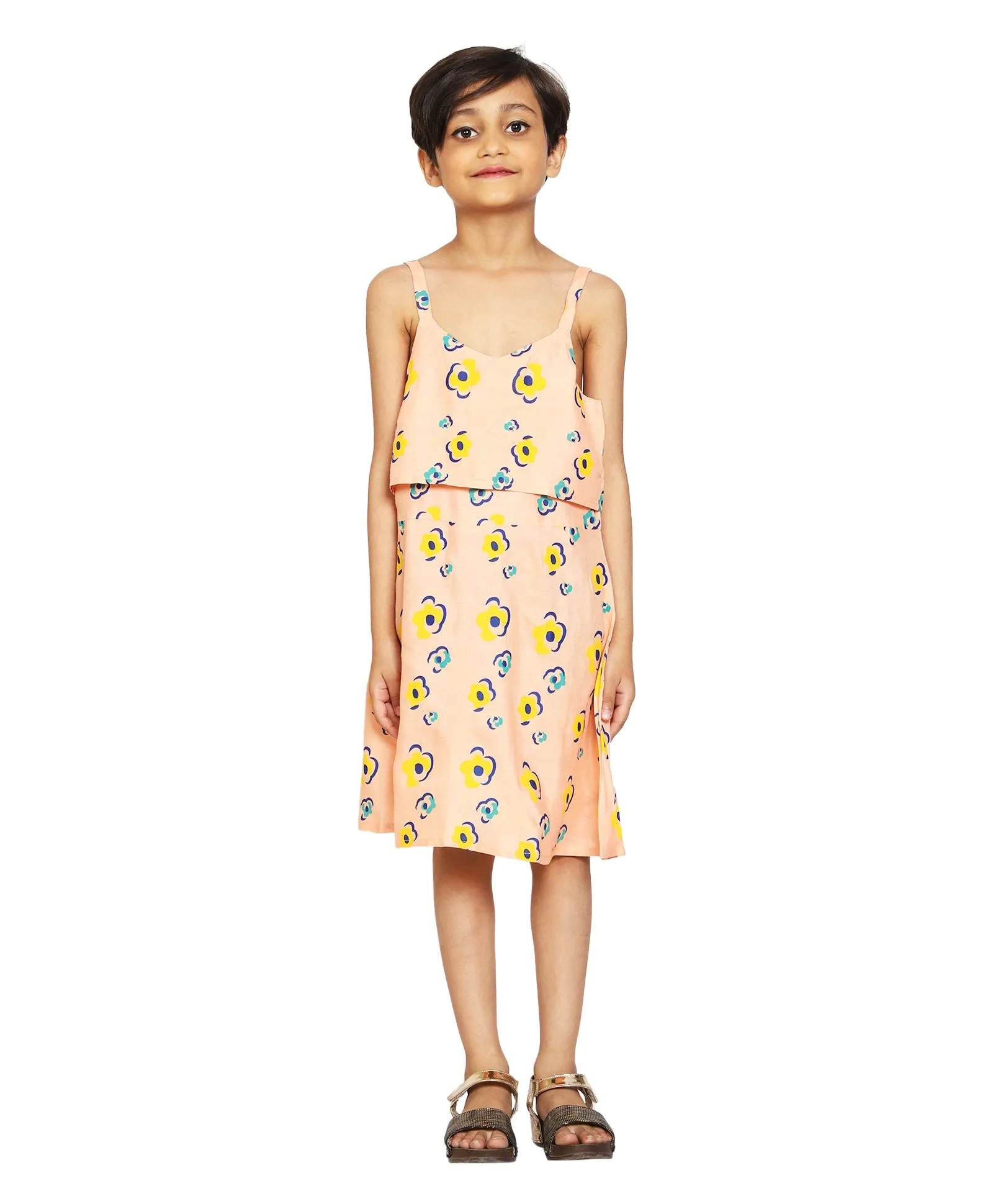 Girls Printed Strap Layered Dress