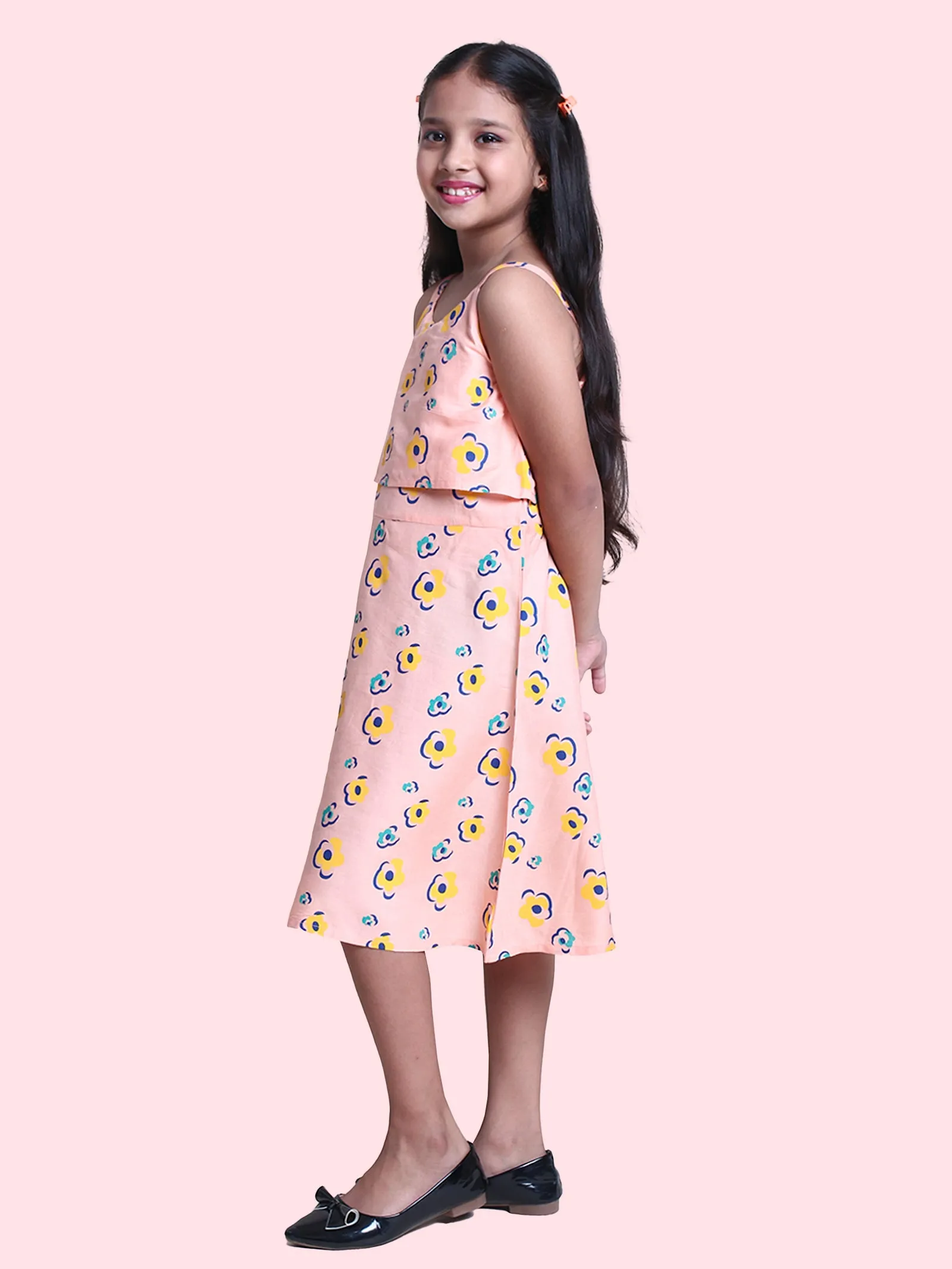 Girls Rayon Printed Layered Dress With Strap