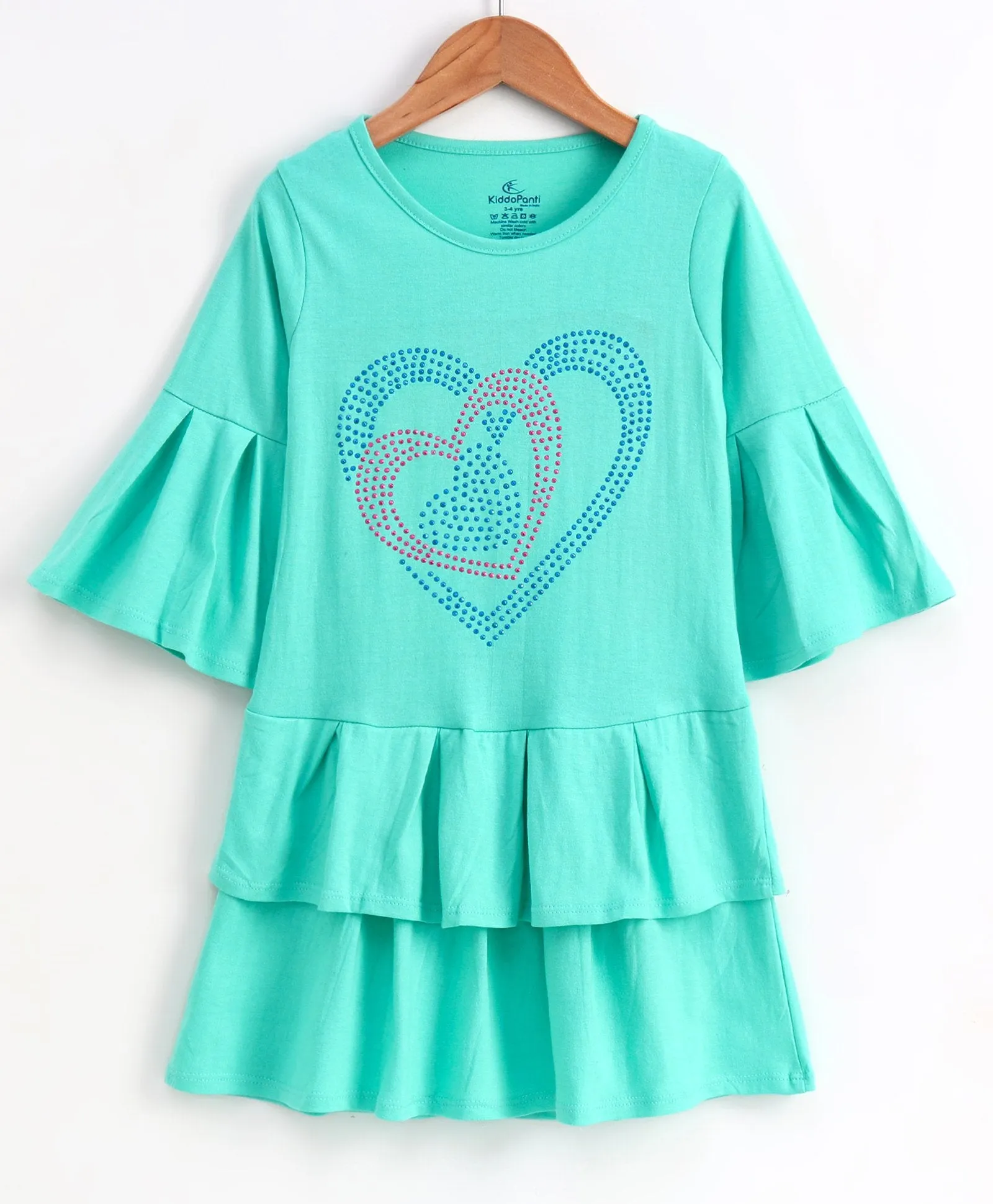 Girls Solid Pleated Layered Dress With Heart Stud Applique