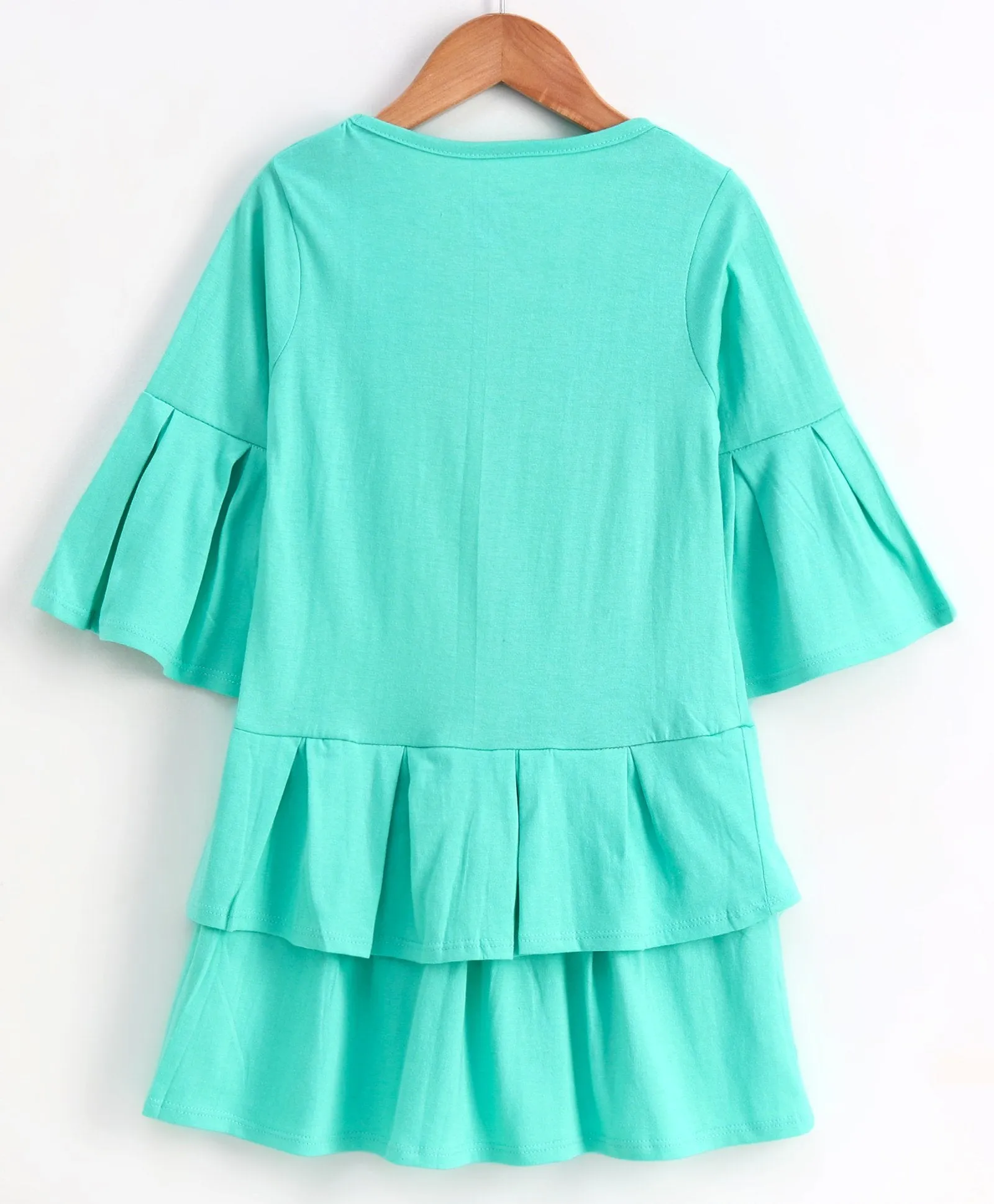 Girls Solid Pleated Layered Dress With Heart Stud Applique