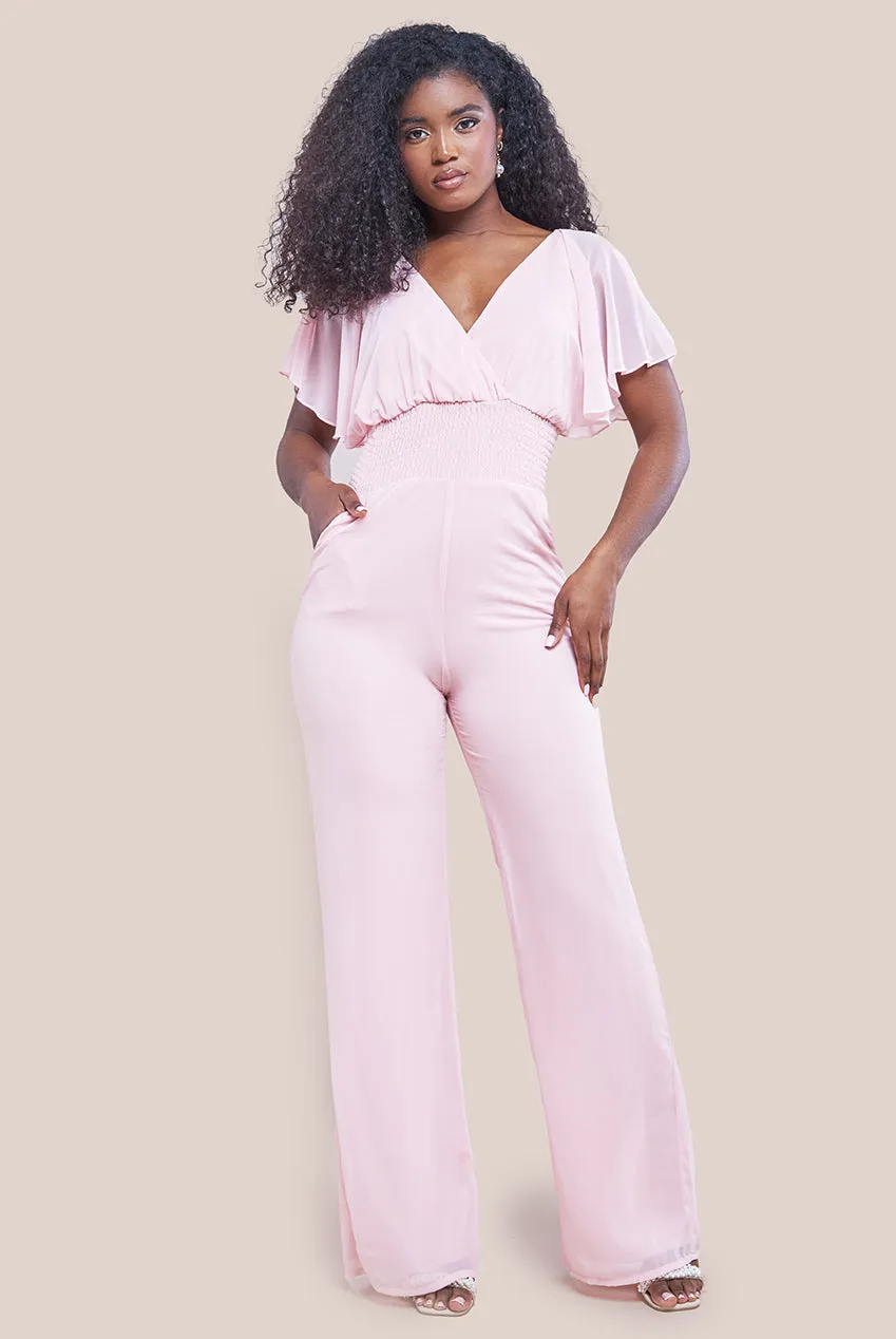 Goddiva Chiffon Jumpsuit With Flutter Sleeves - Blush