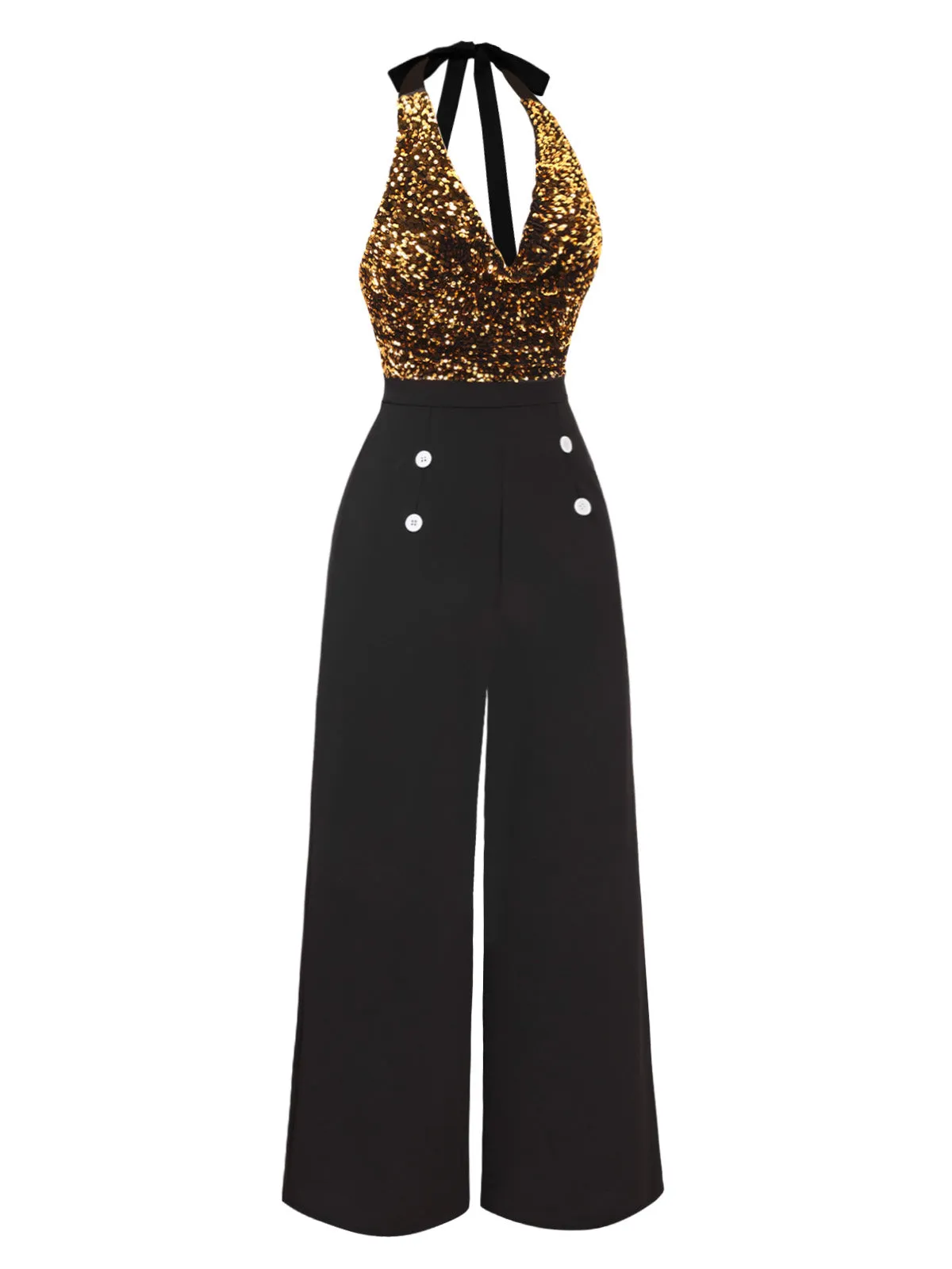 Gold 1930s Cowl Neck Sequined Jumpsuit