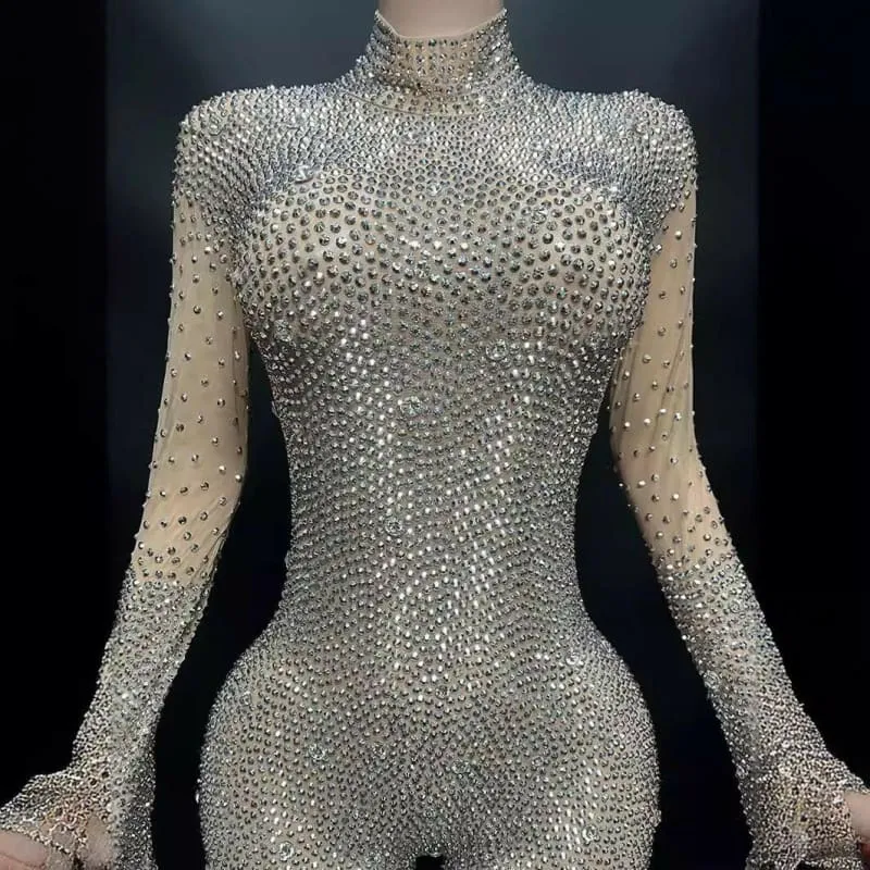 Gold Full-body Skin Tight Rhinestone Jumpsuit with Gloves