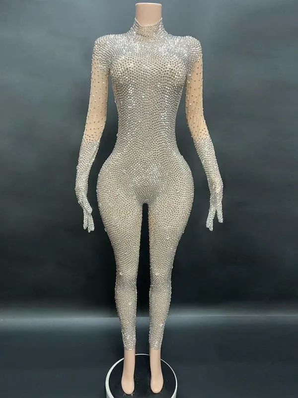 Gold Full-body Skin Tight Rhinestone Jumpsuit with Gloves