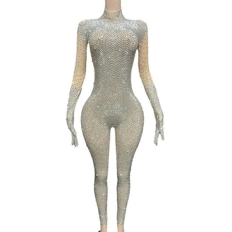 Gold Full-body Skin Tight Rhinestone Jumpsuit with Gloves