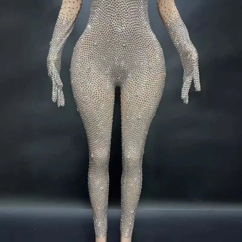 Gold Full-body Skin Tight Rhinestone Jumpsuit with Gloves