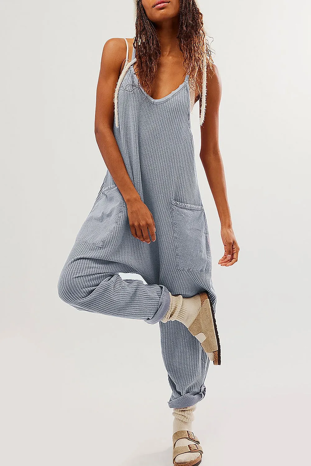 Gray Waffle Knit Spaghetti Strap Pocketed Jumpsuit