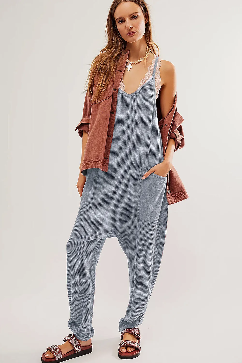 Gray Waffle Knit Spaghetti Strap Pocketed Jumpsuit