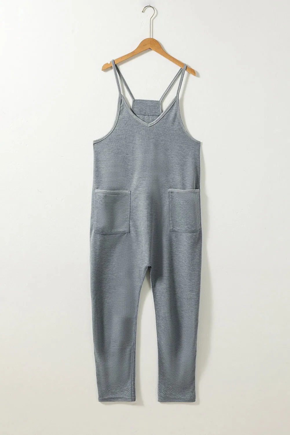 Gray Waffle Knit Spaghetti Strap Pocketed Jumpsuit