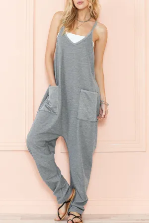 Gray Waffle Knit Spaghetti Strap Pocketed Jumpsuit