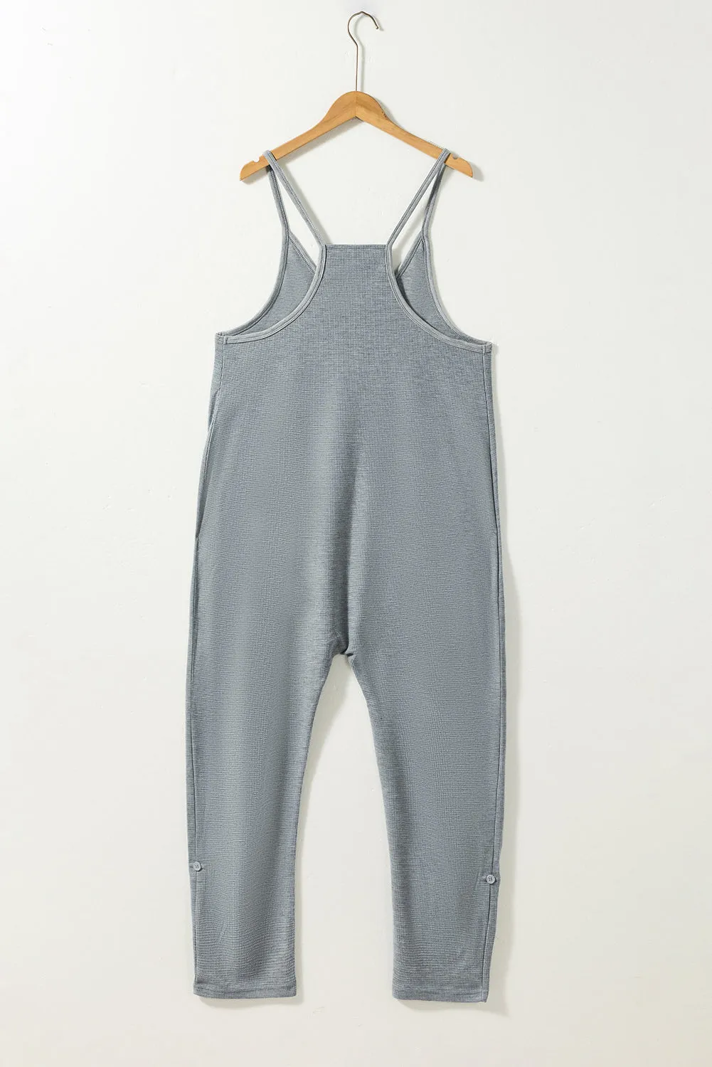 Gray Waffle Knit Spaghetti Strap Pocketed Jumpsuit