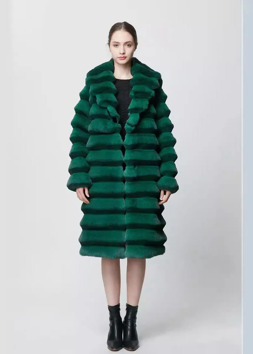 Green Shawl Collar Faux Fur Long Coat