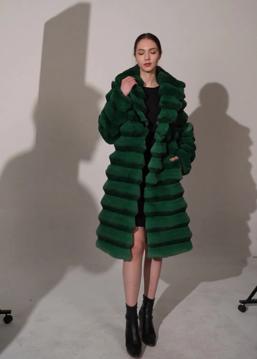 Green Shawl Collar Faux Fur Long Coat