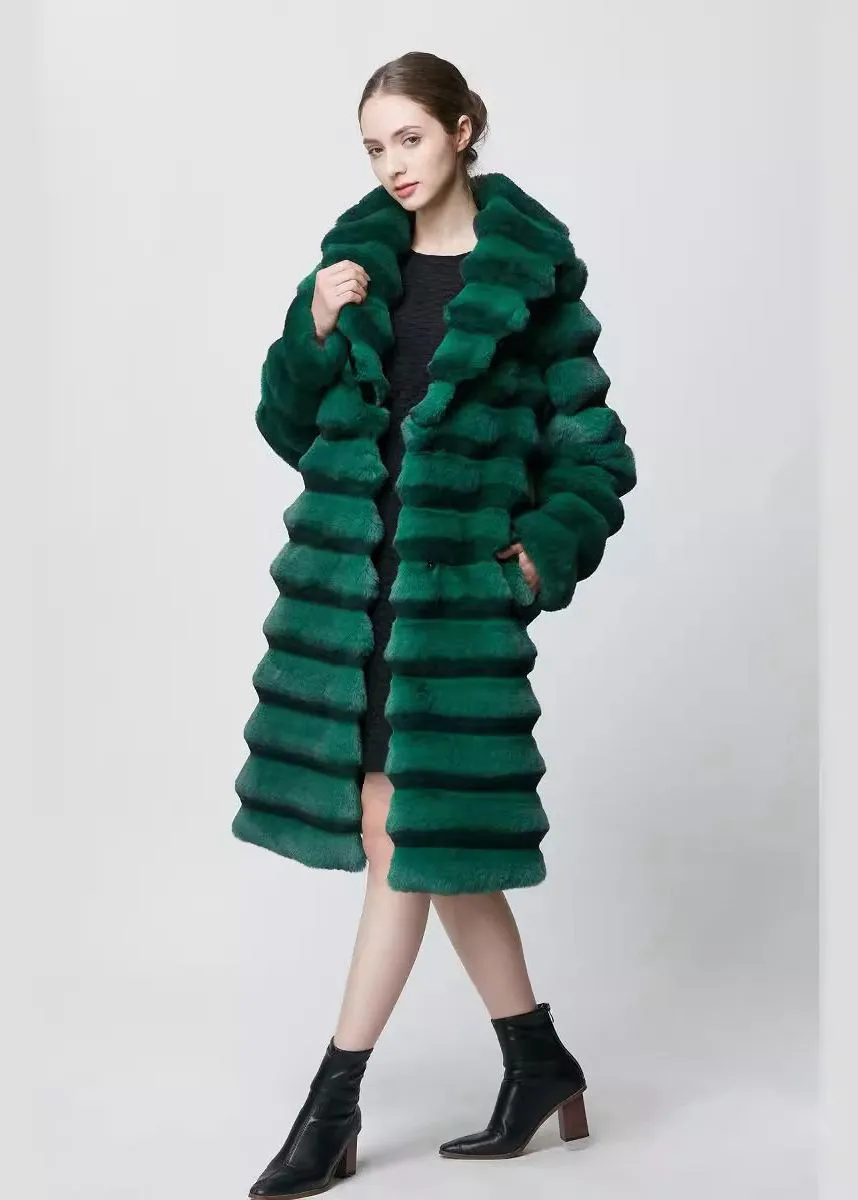 Green Shawl Collar Faux Fur Long Coat