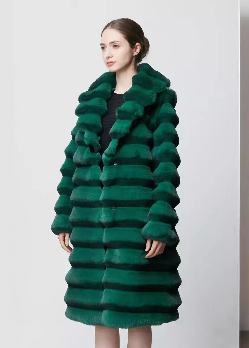 Green Shawl Collar Faux Fur Long Coat