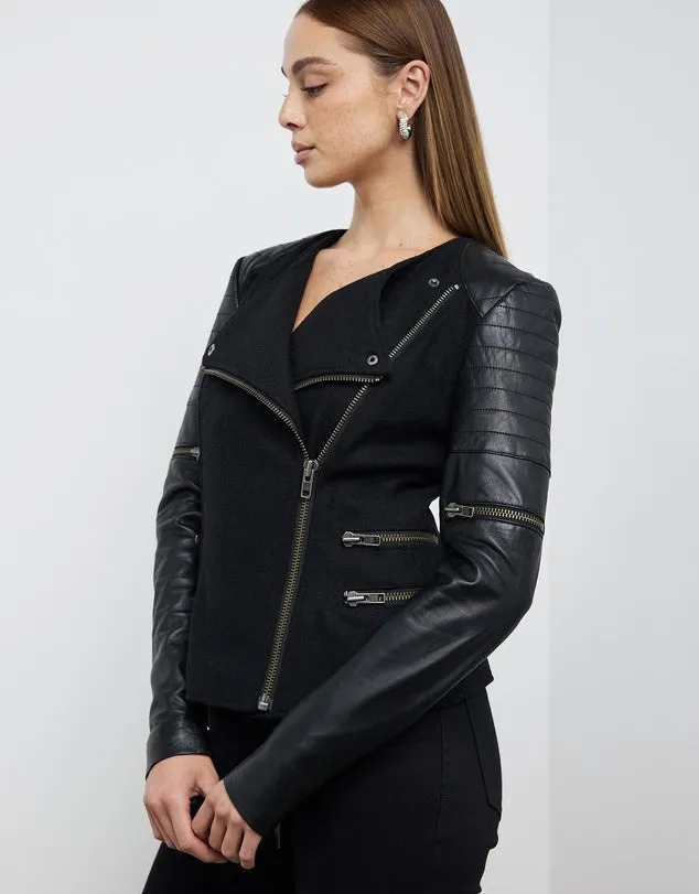 Greenwich St Motor Jacket in Black Wool & Black Leather