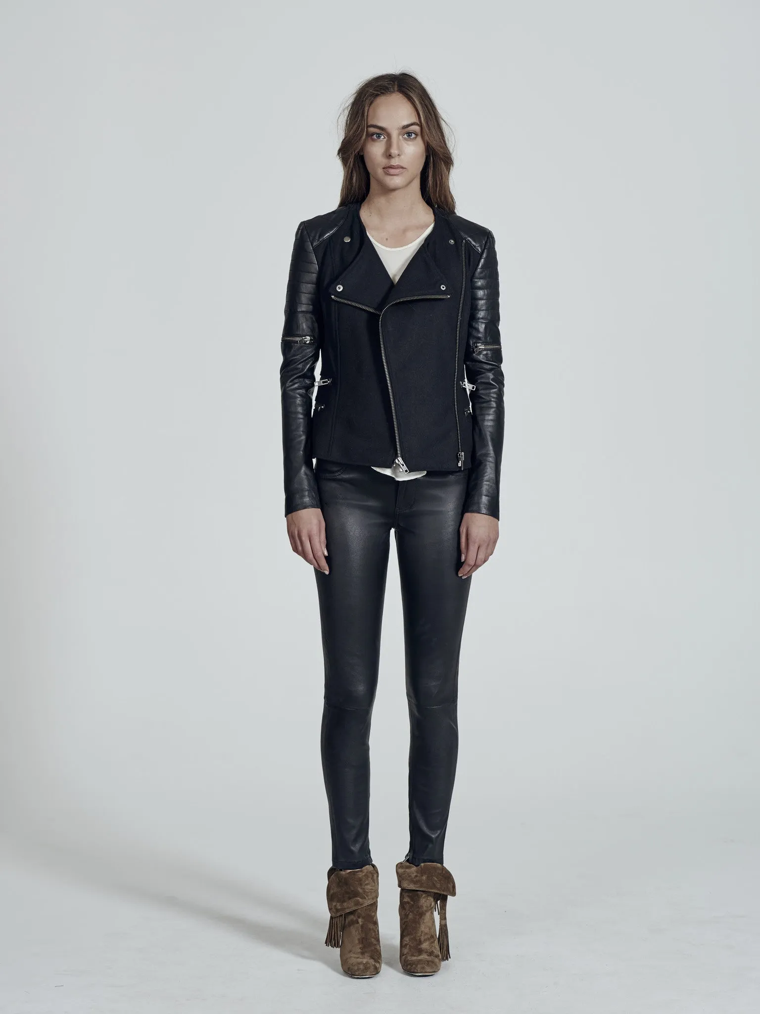 Greenwich St Motor Jacket in Black Wool & Black Leather