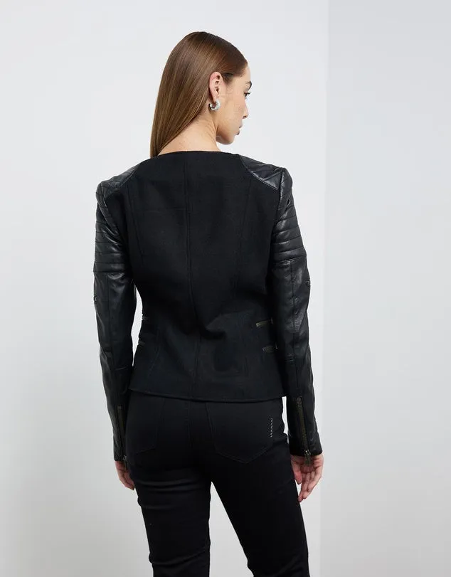 Greenwich St Motor Jacket in Black Wool & Black Leather