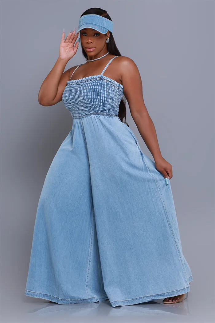 Hangout Smocked Wide Leg Jumpsuit - Light Blue