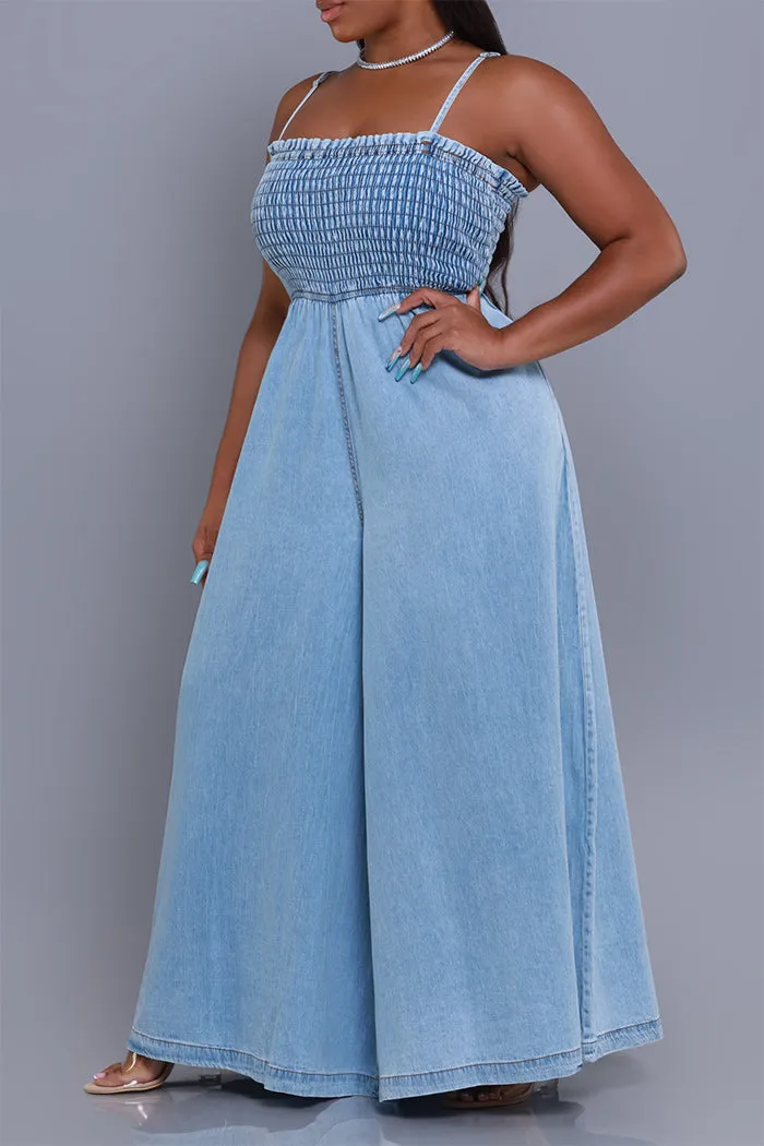 Hangout Smocked Wide Leg Jumpsuit - Light Blue