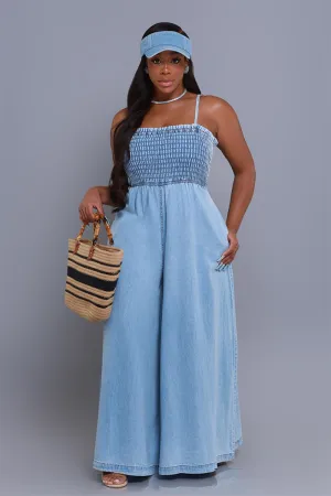 Hangout Smocked Wide Leg Jumpsuit - Light Blue