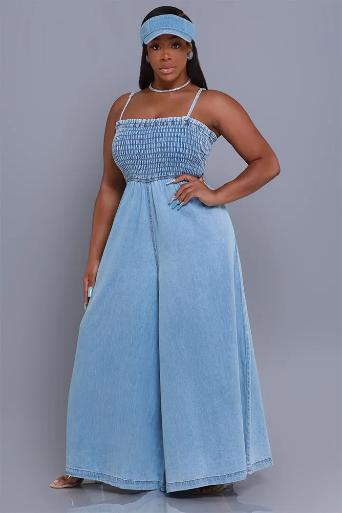 Hangout Smocked Wide Leg Jumpsuit - Light Blue