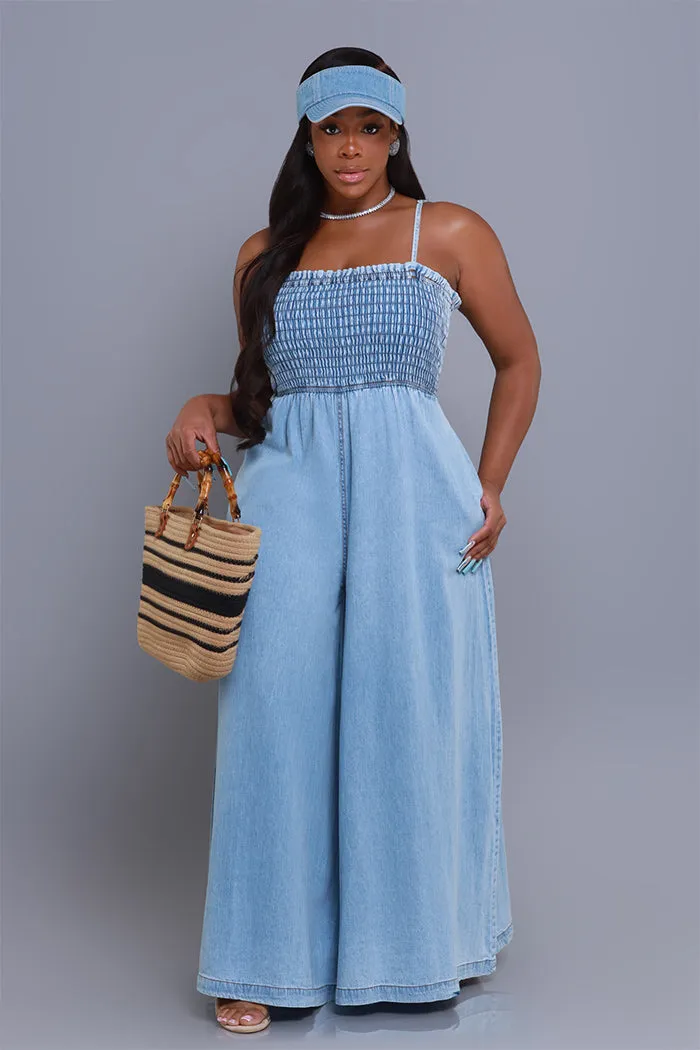 Hangout Smocked Wide Leg Jumpsuit - Light Blue