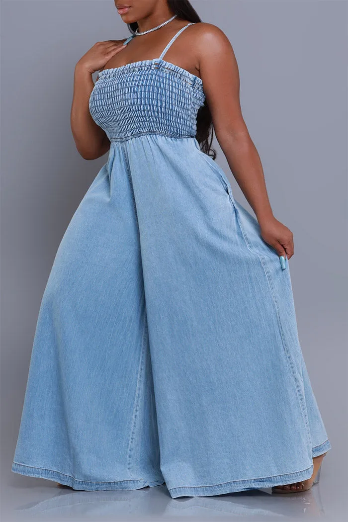 Hangout Smocked Wide Leg Jumpsuit - Light Blue