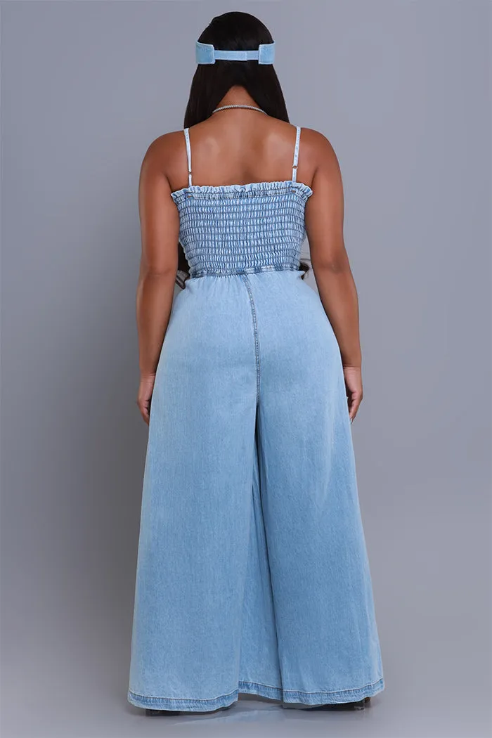 Hangout Smocked Wide Leg Jumpsuit - Light Blue