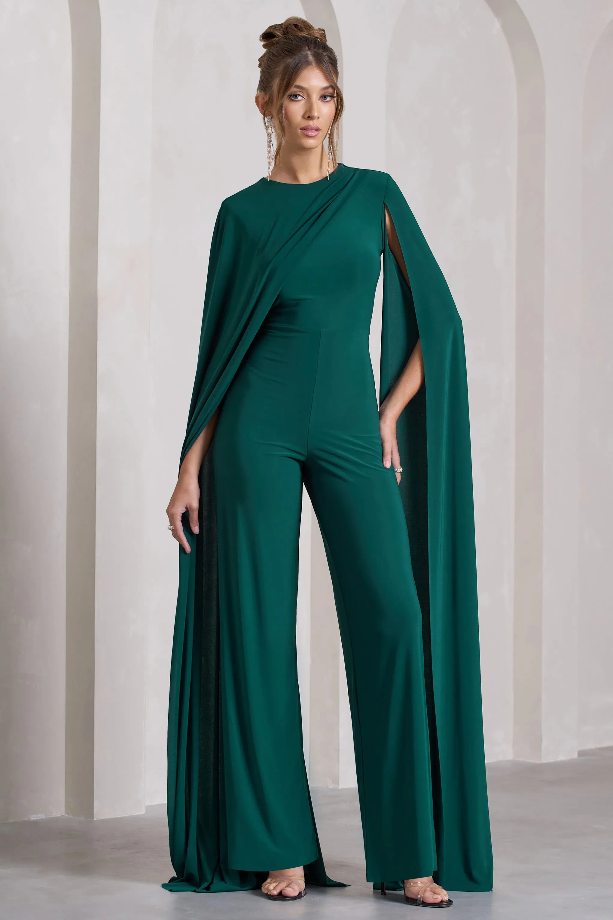 Harley | Bottle Green Straight-Leg Jumpsuit With Cape Sleeves