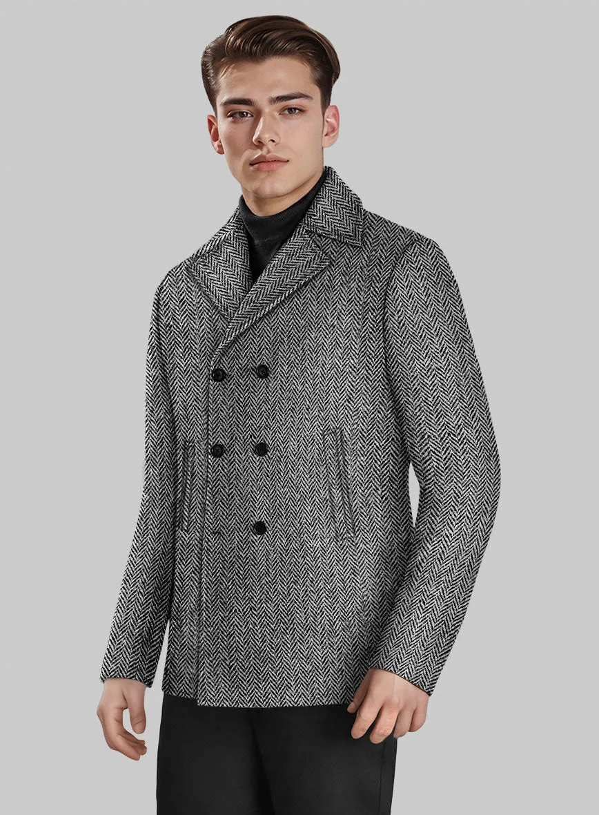 Harris Tweed Gray Herringbone Pea Coat