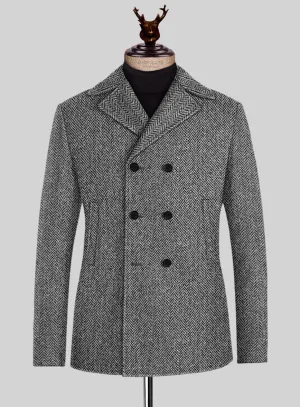 Harris Tweed Gray Herringbone Pea Coat