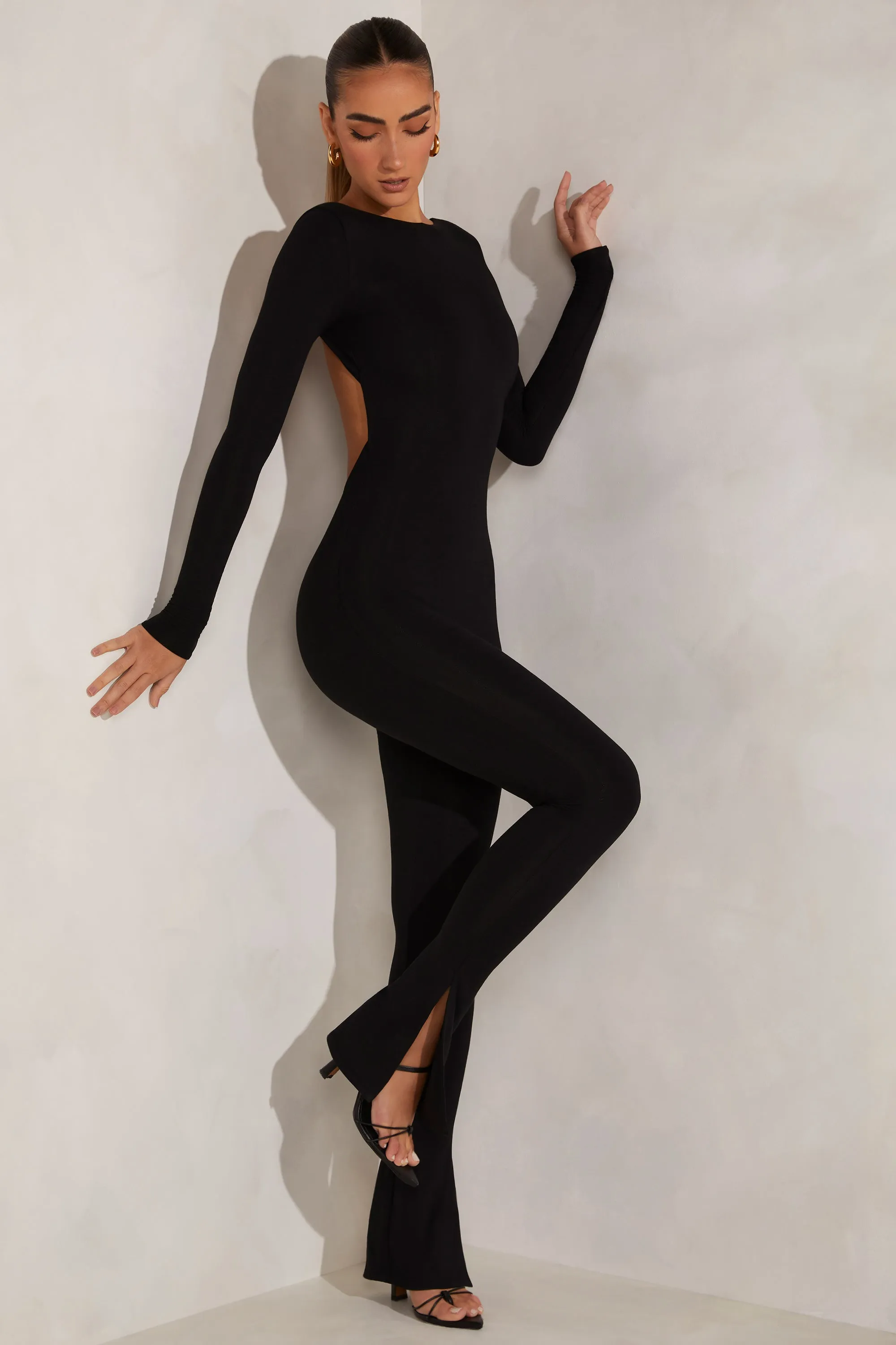 High Neck Open Back Jumpsuit in Black