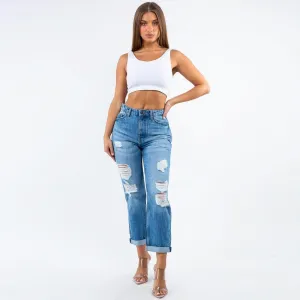 High Waist Distressed Boyfriend Jeans