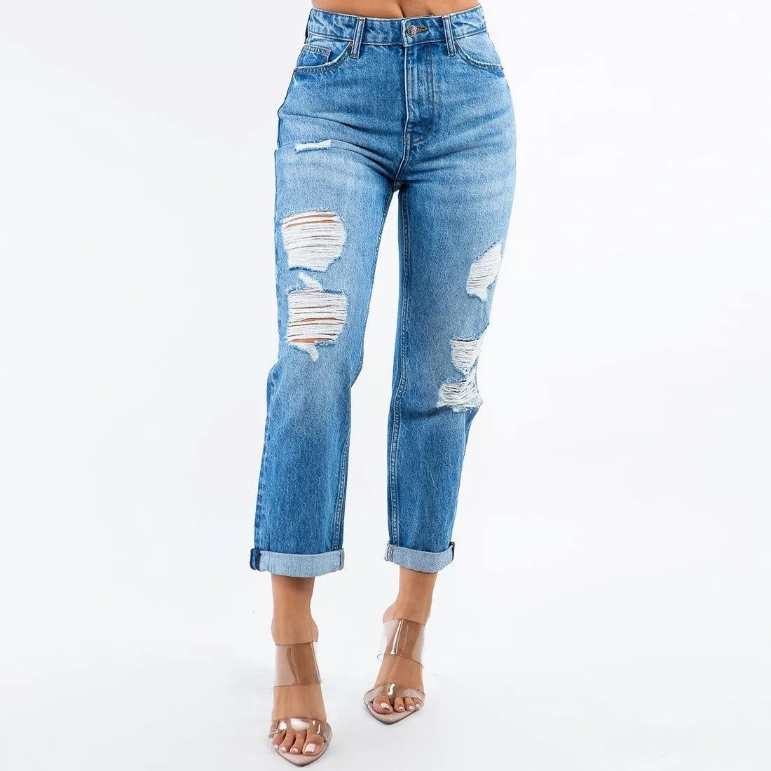 High Waist Distressed Boyfriend Jeans