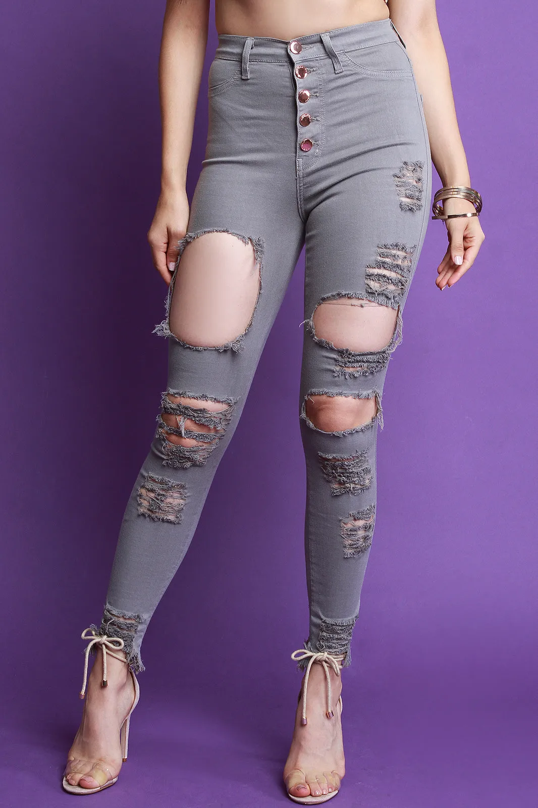 High Waisted Button Fly Distressed Skinny Jeans