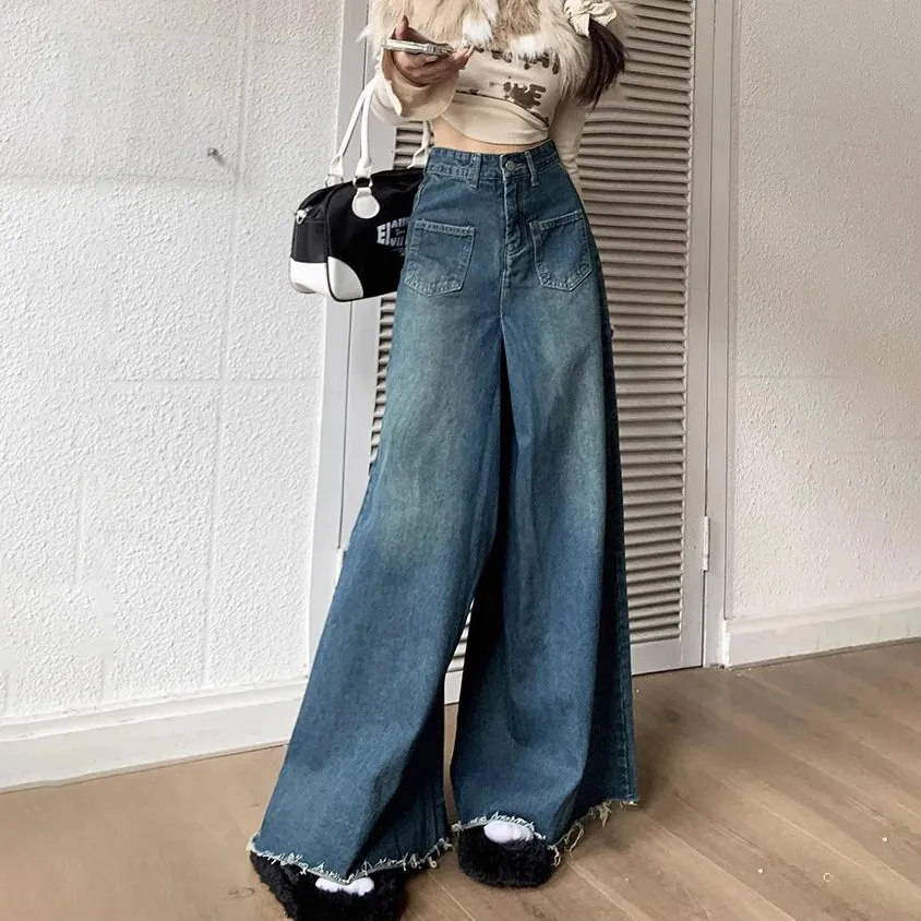 High-Waisted Wide-Legged Trousers Female New Burlap Design Versatile Thin Skirt Jeans