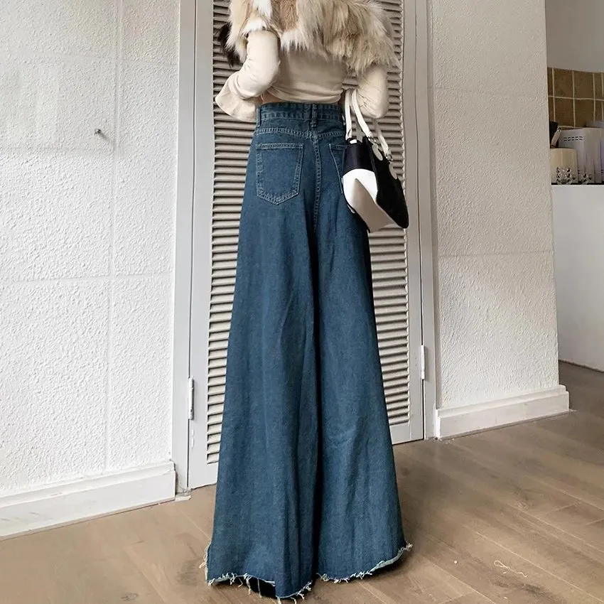 High-Waisted Wide-Legged Trousers Female New Burlap Design Versatile Thin Skirt Jeans