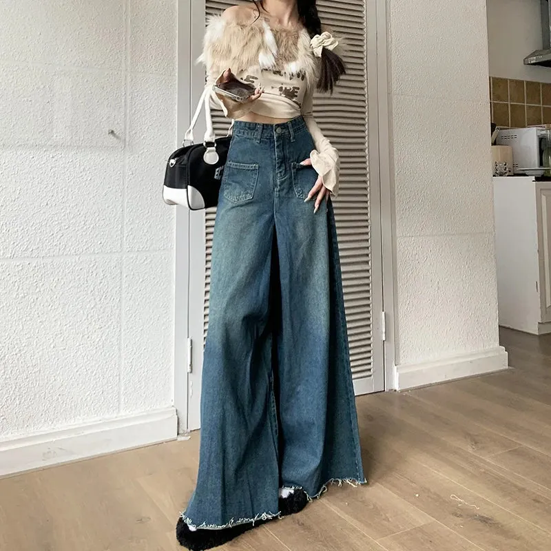 High-Waisted Wide-Legged Trousers Female New Burlap Design Versatile Thin Skirt Jeans