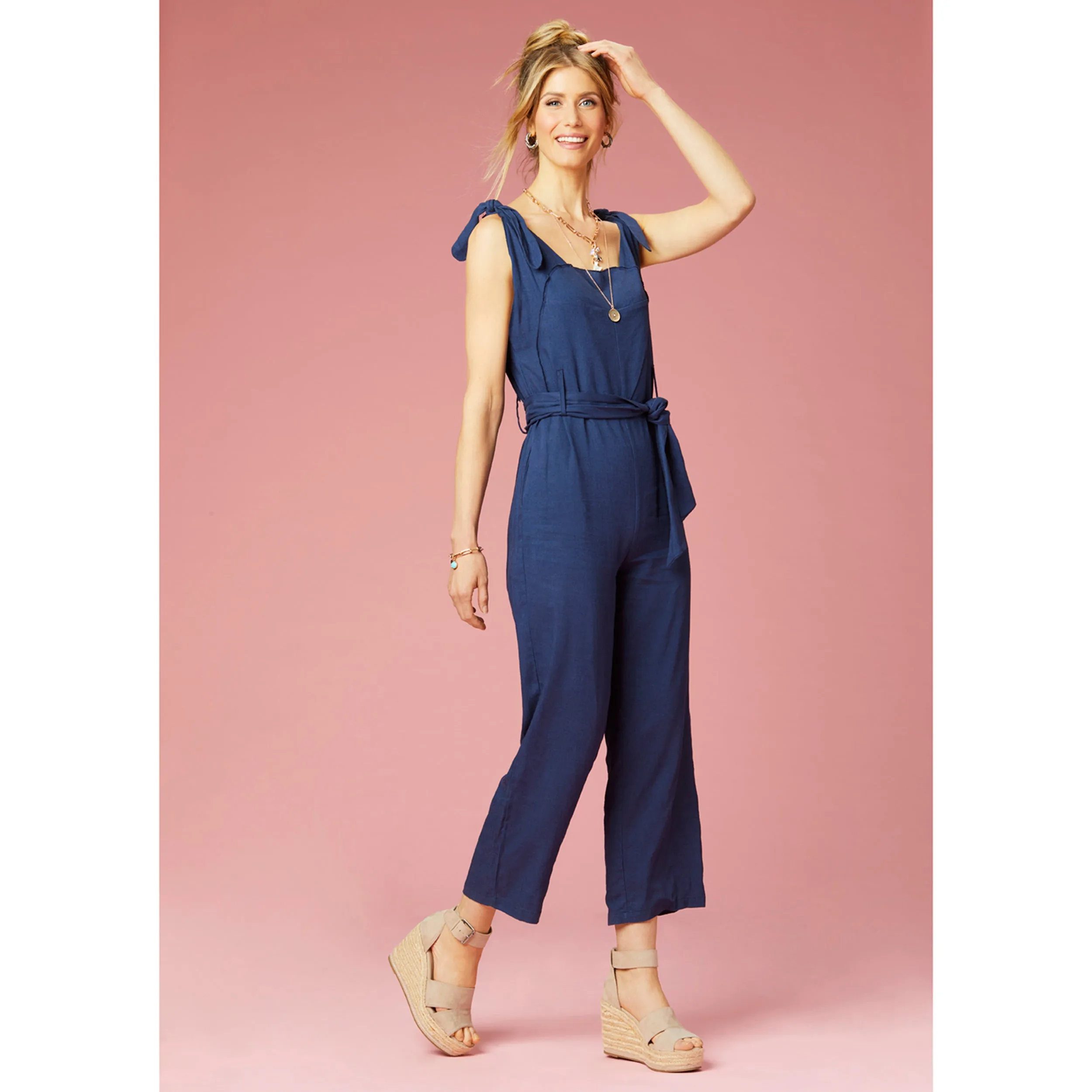 Isabella Tie Shoulder Linen Jumpsuit - Navy - Final Sale