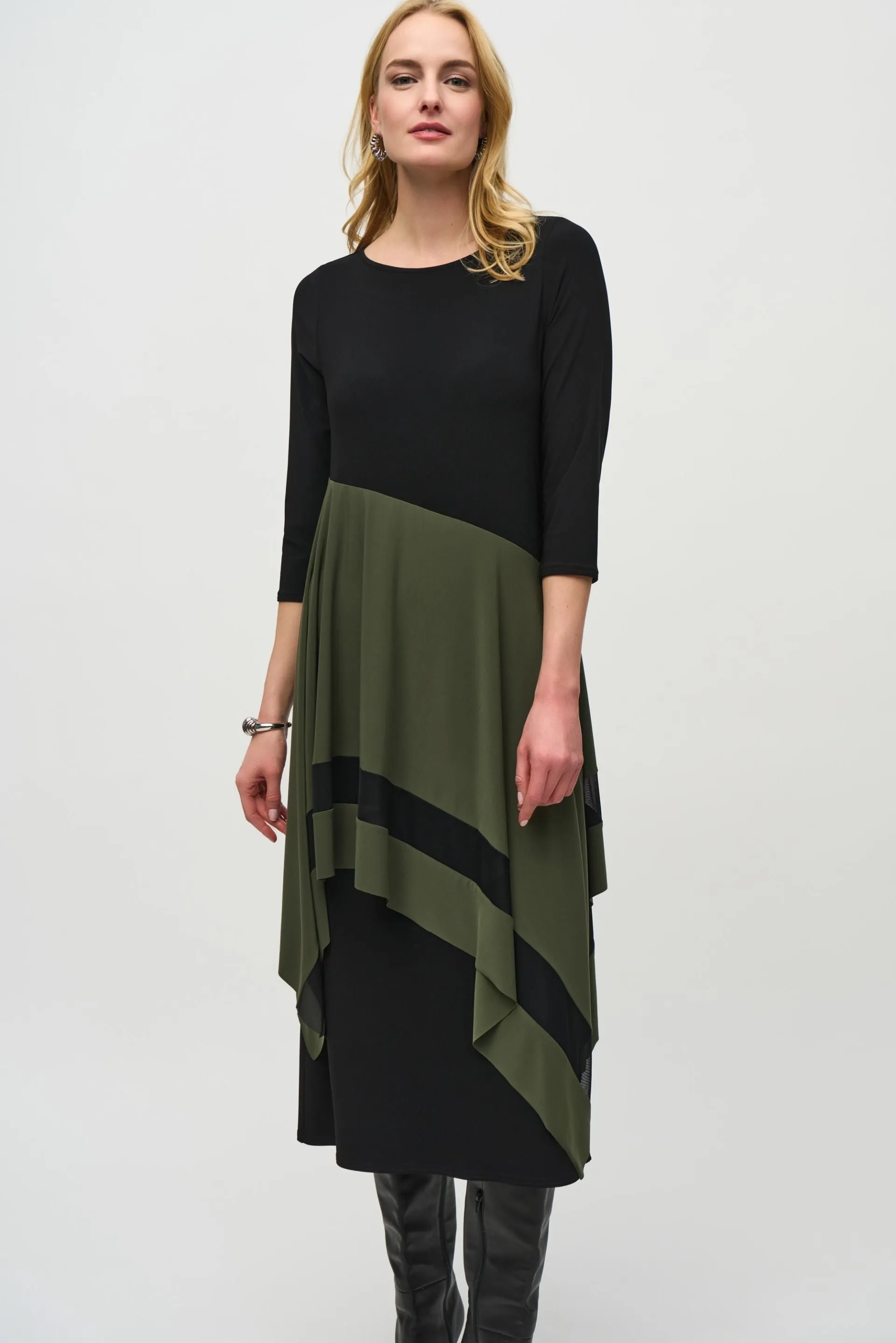 Joseph Ribkoff Black/Iguana Color Block Layered Midi Dress 244186